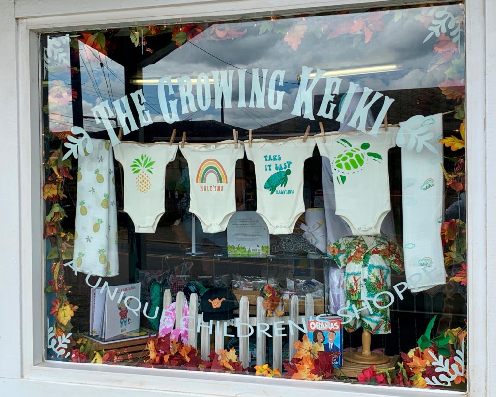 ハレイワの店「THE GROWING KEIKI」の窓から見える可愛い商品