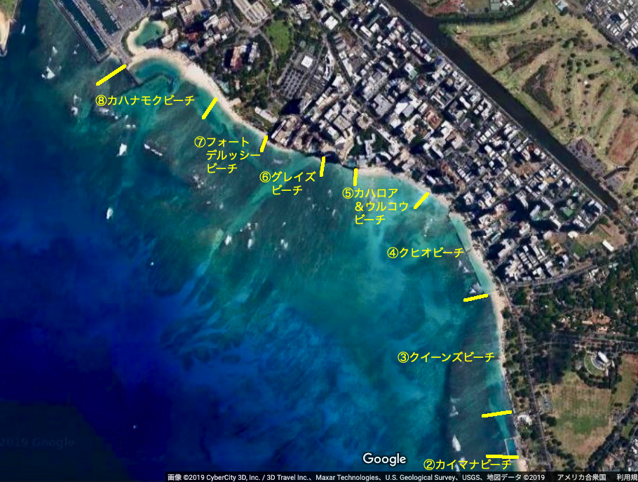 google mapで見たワイキキのビーチ一覧