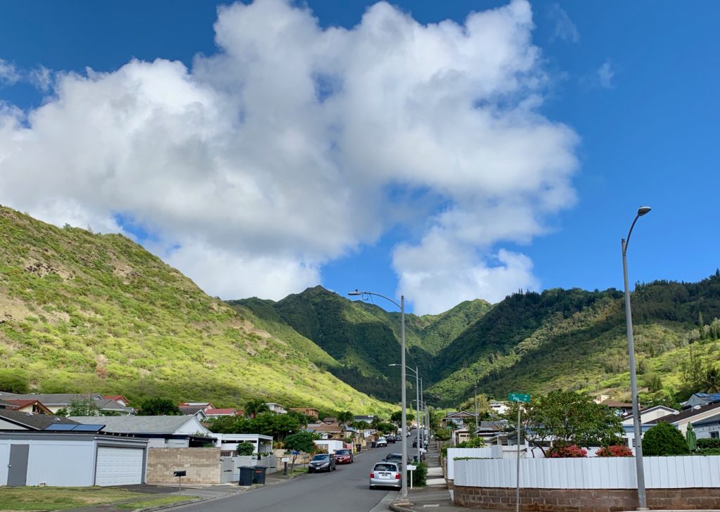 住宅街の奥には大きな山が広がっている