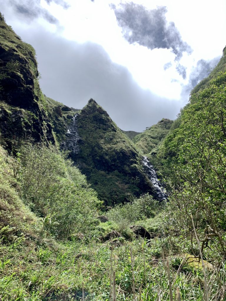 ツインフォールズ
中央に尖った山があり、滝が二又に分かれている。