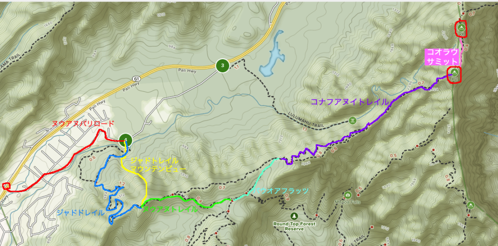 パウオアフラッツのトレイルロードを含むコナフアヌイまでのトレイルを記したマップ